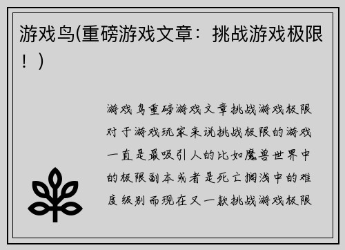 游戏鸟(重磅游戏文章：挑战游戏极限！)